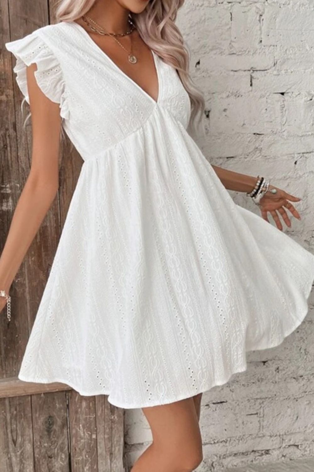 Eyelet Ruffled Cap Sleeve Mini Dress - store name